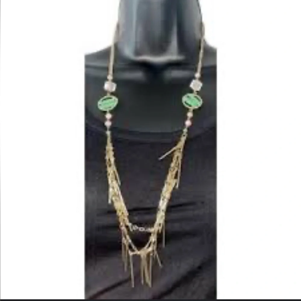Artisanal Beaded Fringe Necklace - Gold and Green